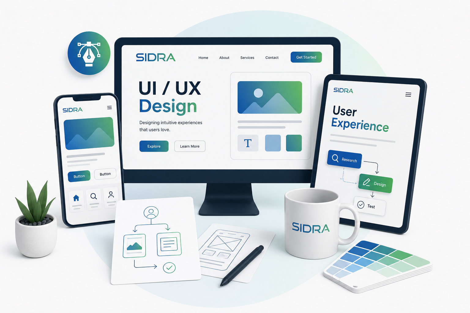 UI and UX design wireframes on a desk